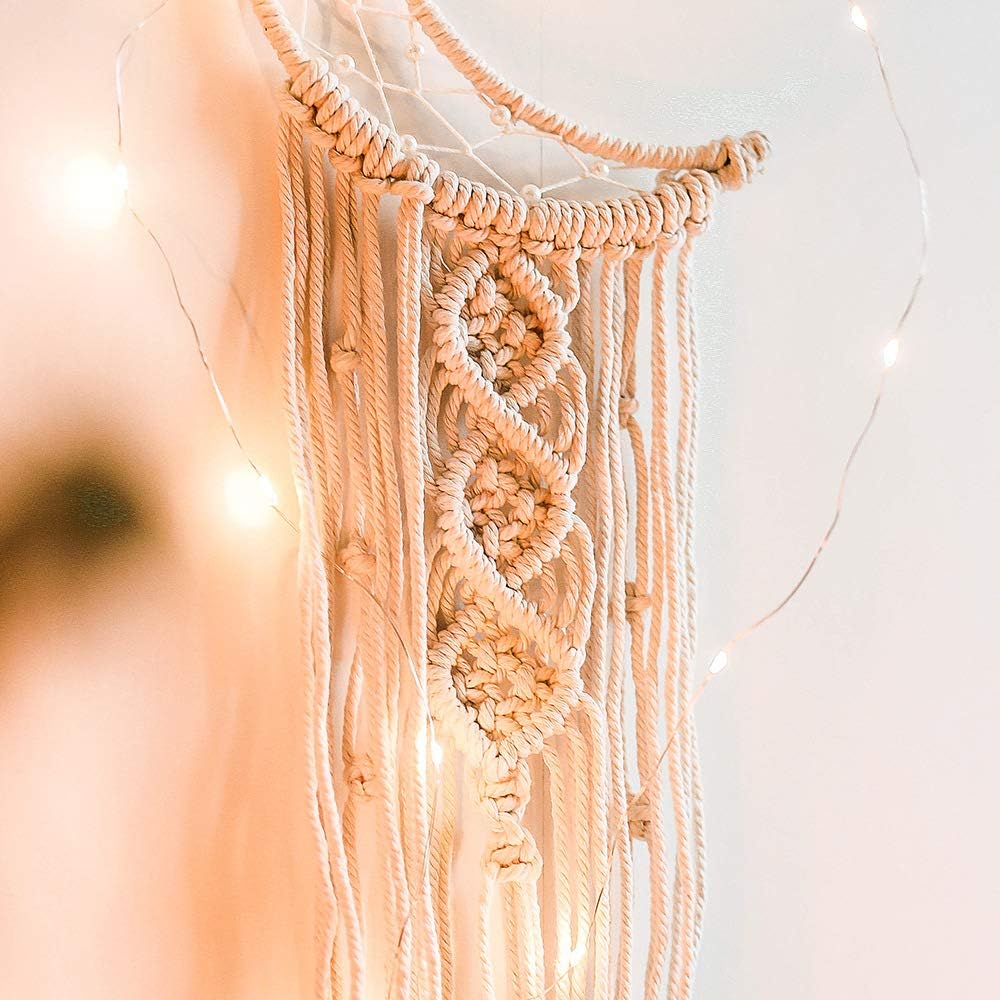 Boho Macrame Woven Wall Hanging, Crochet Crescent Moon Star Dream Catcher with Long Tassel- White Cotton Handmade Bohemian Home Decor Decoration Art Craft for Kids Bedroom Dorm Room - Image 3