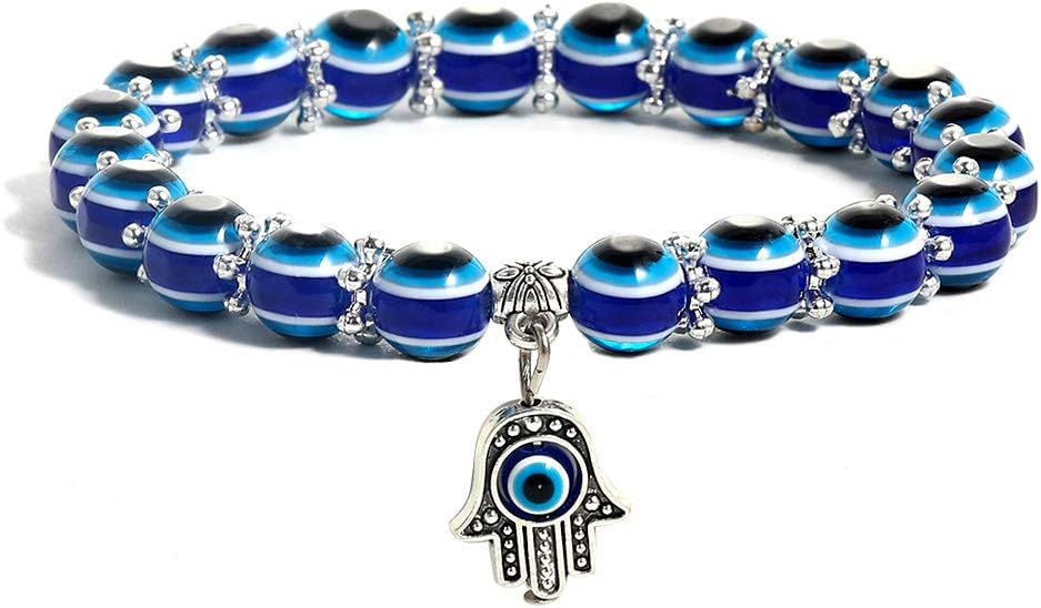 SUMMER LOVE Handmade Evil Eye Jewelry Blue Beaded Charm Stretch Bracelet Evil Eye Bracelet for Women Men Teens