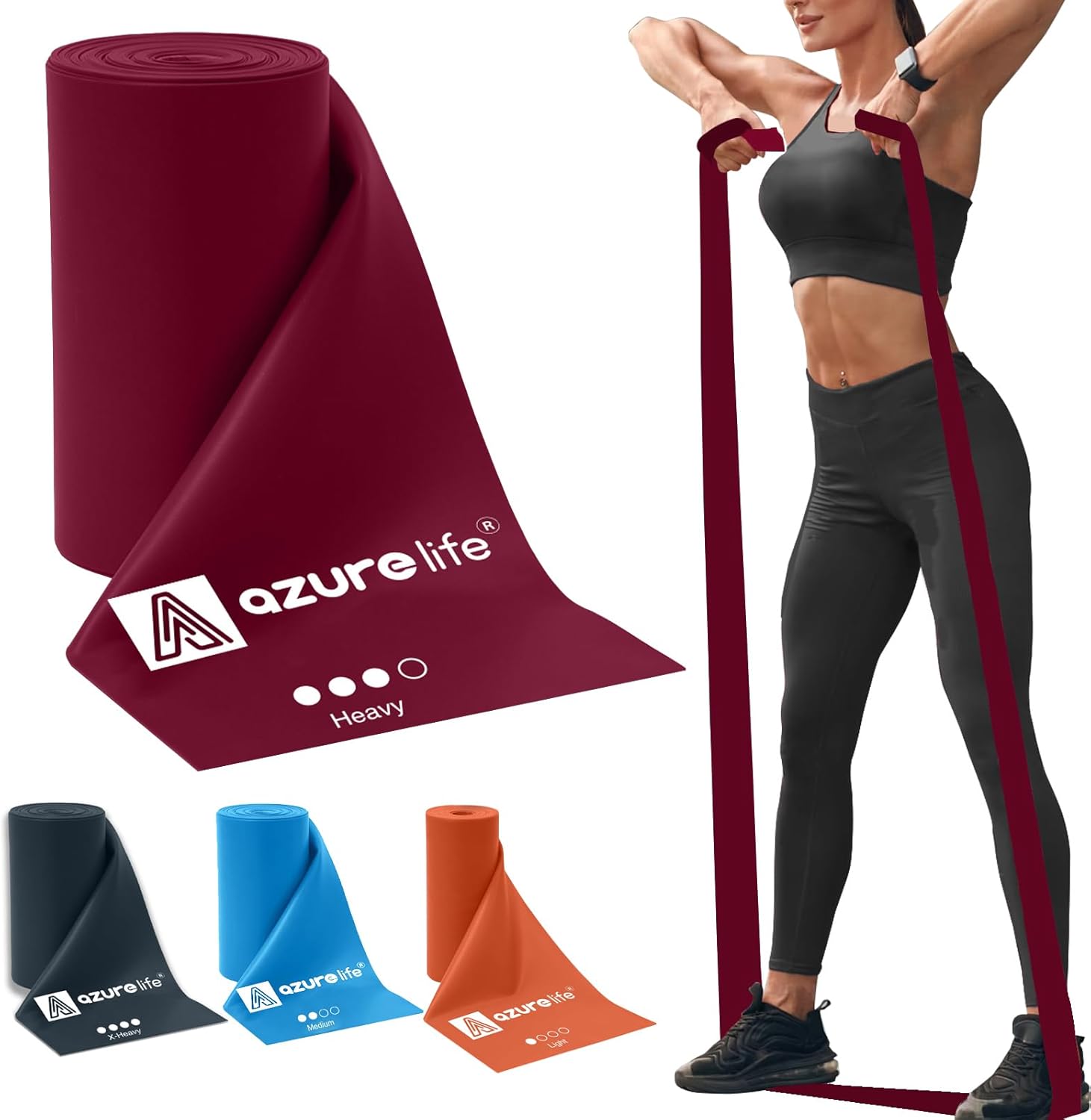A AZURELIFE Professional Individual Exercise Resistance Bands, Single 5, 6,7 Ft or 8 Yards Elastic Bands, Non-Latex Stretch Bands for PT, Yoga, Pilates, Rehab, at-Home or The Gym Workouts