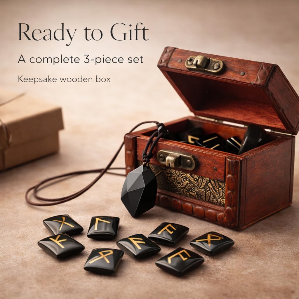 kcrygogo Rune Set with Elder Futhark Alphabet Crystal Meditation Divination Healing Chakra Reiki with Vintage Wooden Box and Natural Obsidian Pendant(3Pcs) - Image 3