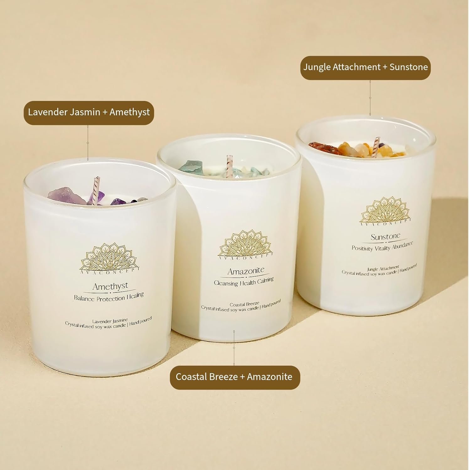 AvaConcept Healing Crystal Candle Gift Set – Set of 3 Amethyst, Amazonite & Sunstone Hand-Poured Soy Wax Lavender Jasmine, Coastal Breeze & Jungle Attachment Aromatherapy 3.5oz Each | Premium Gift Box - Image 4