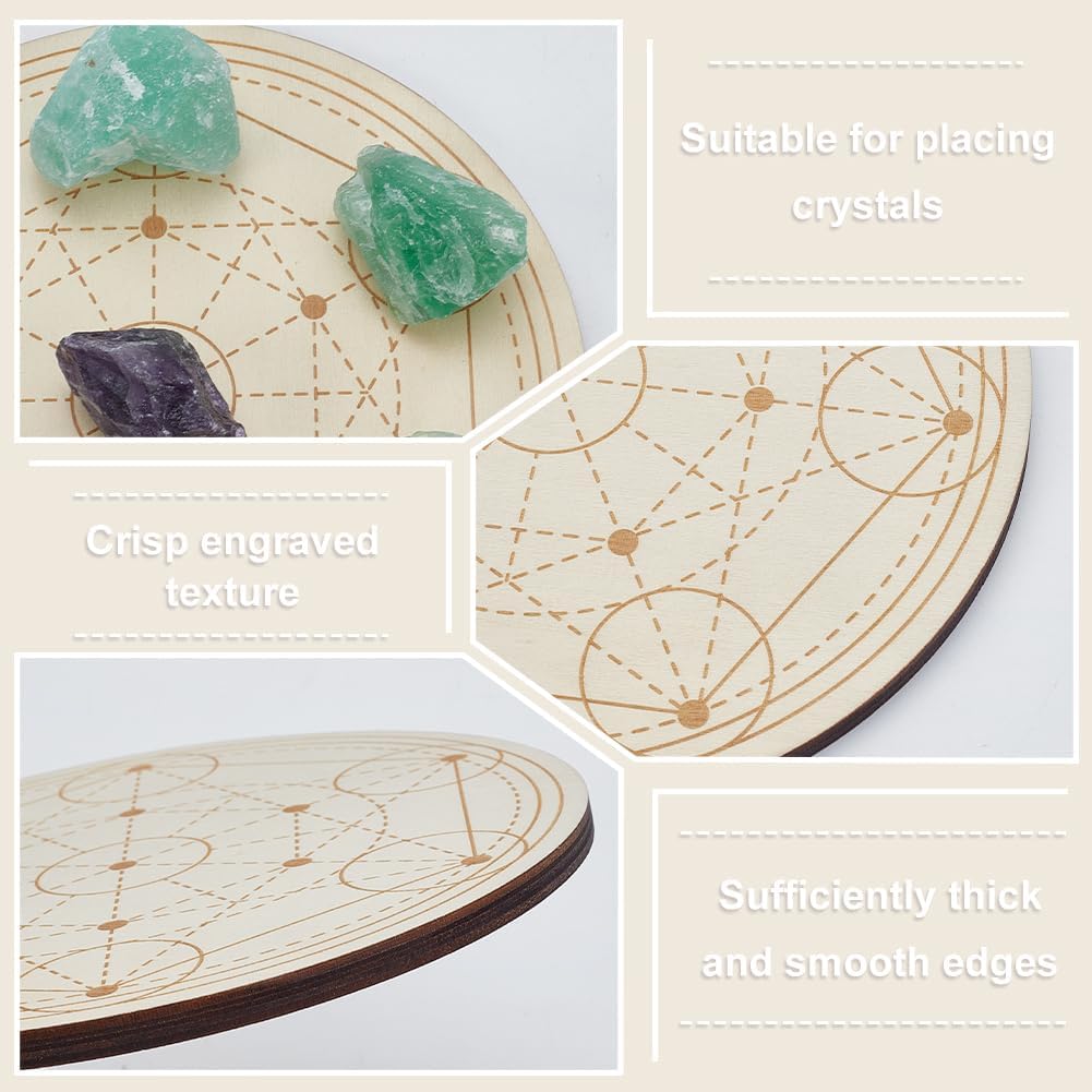 ORIGACH 4 Patterns Wooden Crystal Grids 15x15 cm Round Sacred Geometric Arrangement Crystal Grid Board Metatron's Cube Plate for Wiccan Altar Ritual Sacred Space Decor - Image 3