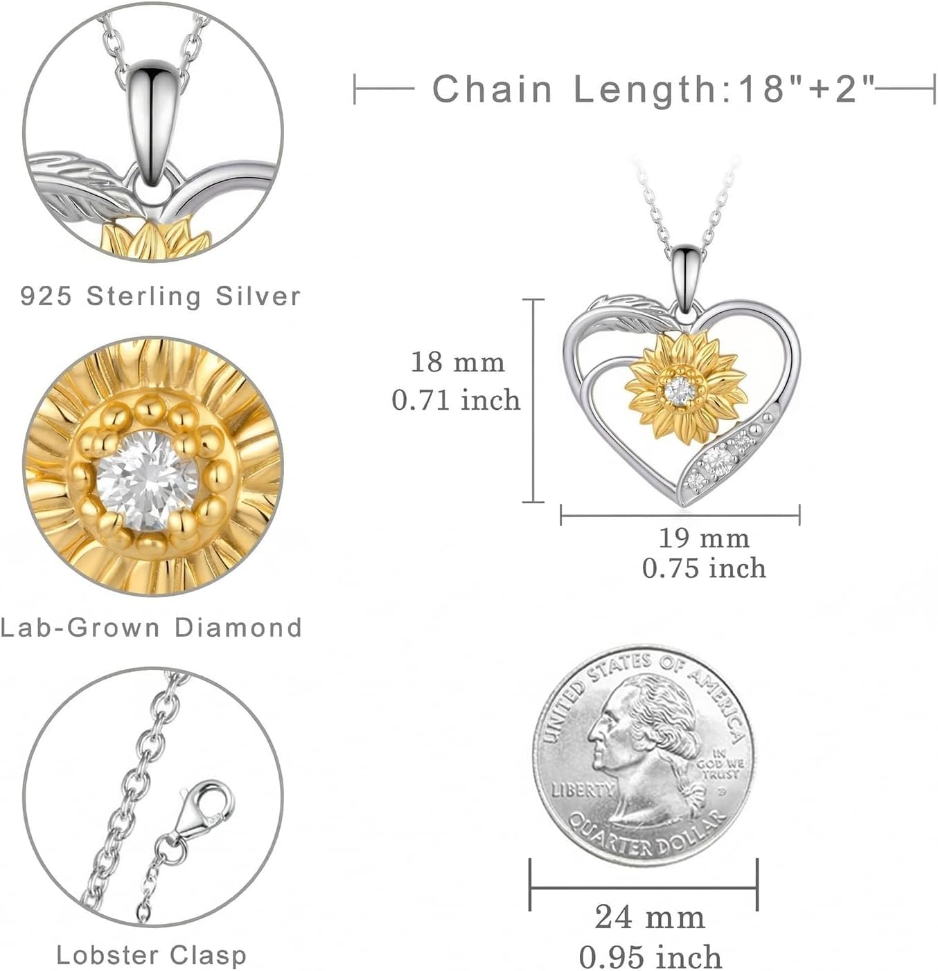 Lab Grown Diamond Sunflower Necklace for Women, 925 Sterling Silver Diamonds Birth Flower Necklaces You Are My Sunshine Jewelry Gift for Her - Image 4