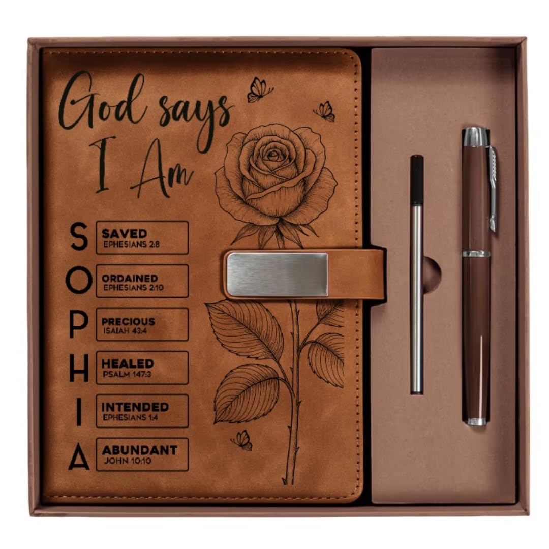 God Says You Are Custom Birth Flower & Name In Bible Verses - Personalized Notebook Set, God Says I Am Leather Journal, Positive Affirmations Journal, Christian Gift Religious Gift for Girls Women (1)