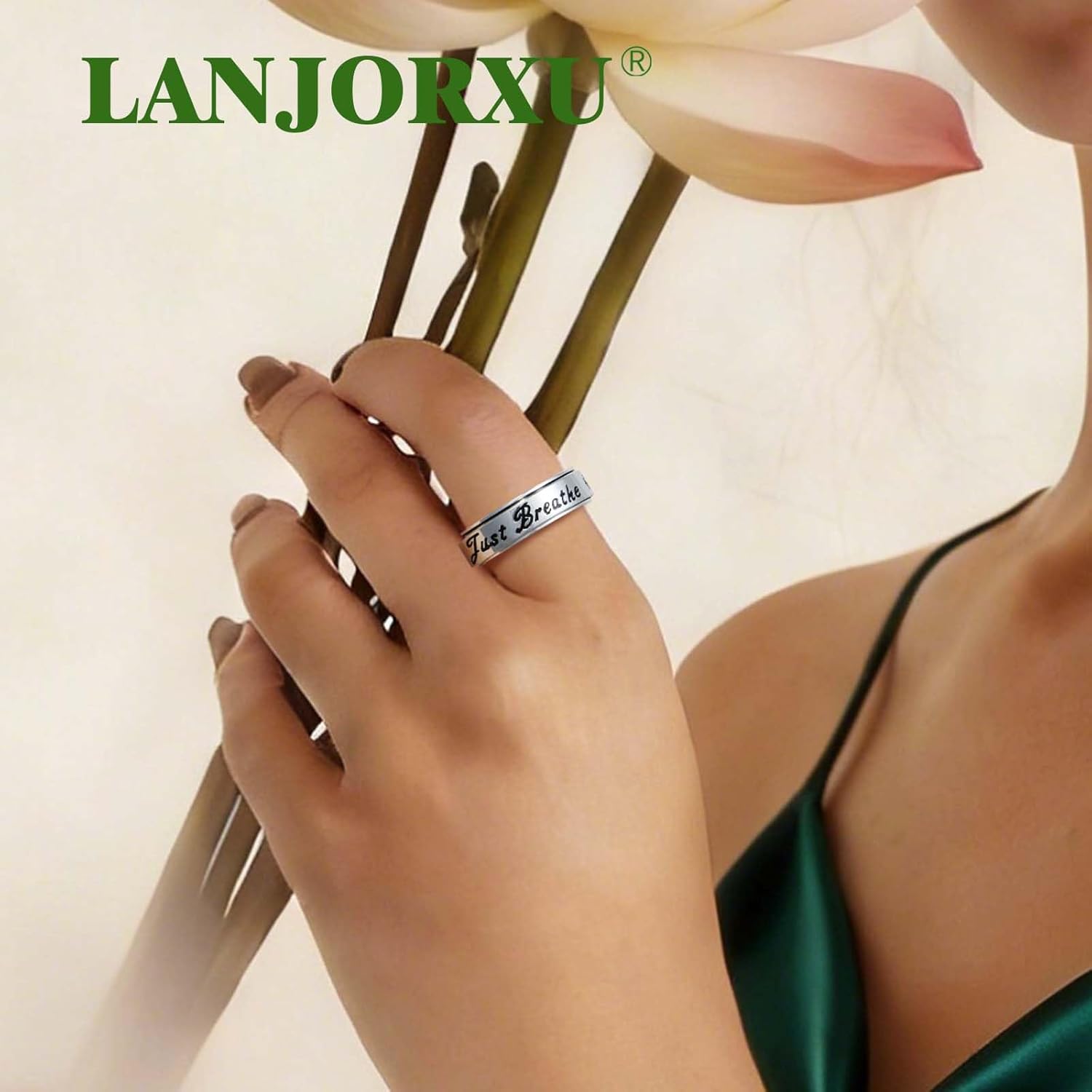 Serene Lotus Fidget Ring: Just Breathe Anxiety Spinner Ring for Women, Floral Pattern Rotating Band for Calm & Focus, 18K Gold Plated Stainless Steel Jewelry Gift - Image 4