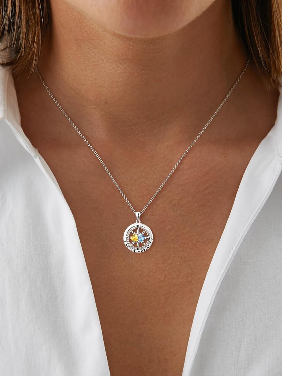 Compass Birthstones Necklace for Women, Exquisite S925 Necklace Anniversary Birthday Gifts for Wife Her Double Birthstone Pendant Jewelry ‘I'd be Lost Without You’ - Image 3