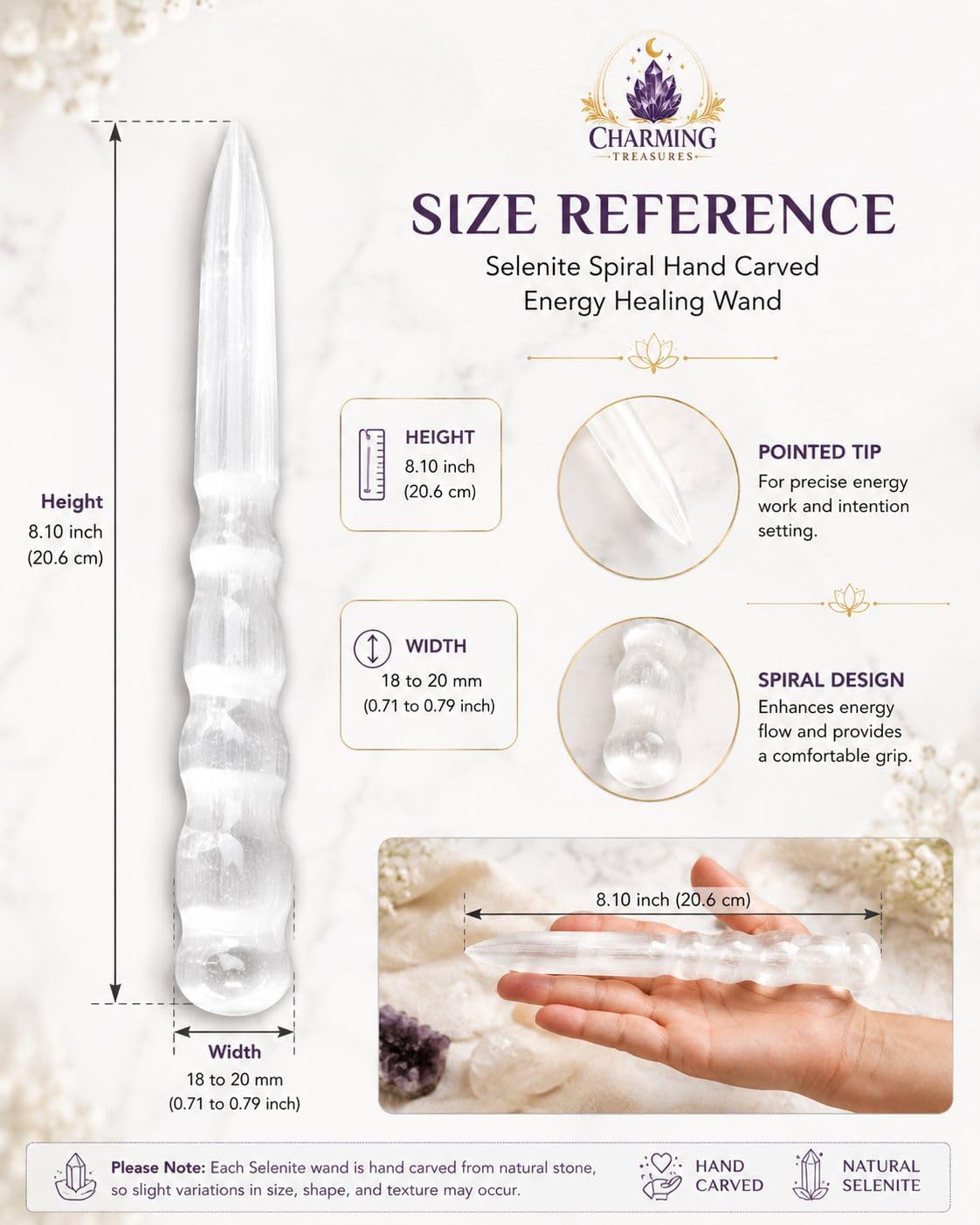 Handcrafted Natural Selenite Spiral Hand Carved Crystal Healing Wand | Metaphysical Energy Healing Wand for Reiki, Chakra Balancing,Meditation,Spiritual Cleansing, Aura Cleansing (8 inch) - Image 6