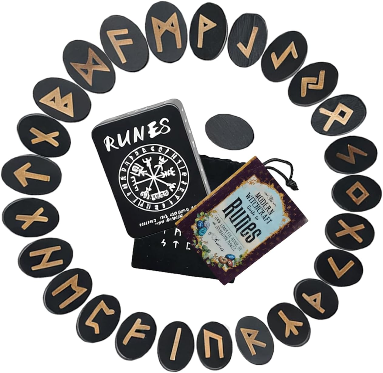 25Pcs Runes Set, Wood Rune Stones with Instruction & Velvet Pouch, Viking Runas for Beginners, Ideal for Witchcraft, Divination, Meditation & Spiritual Practices
