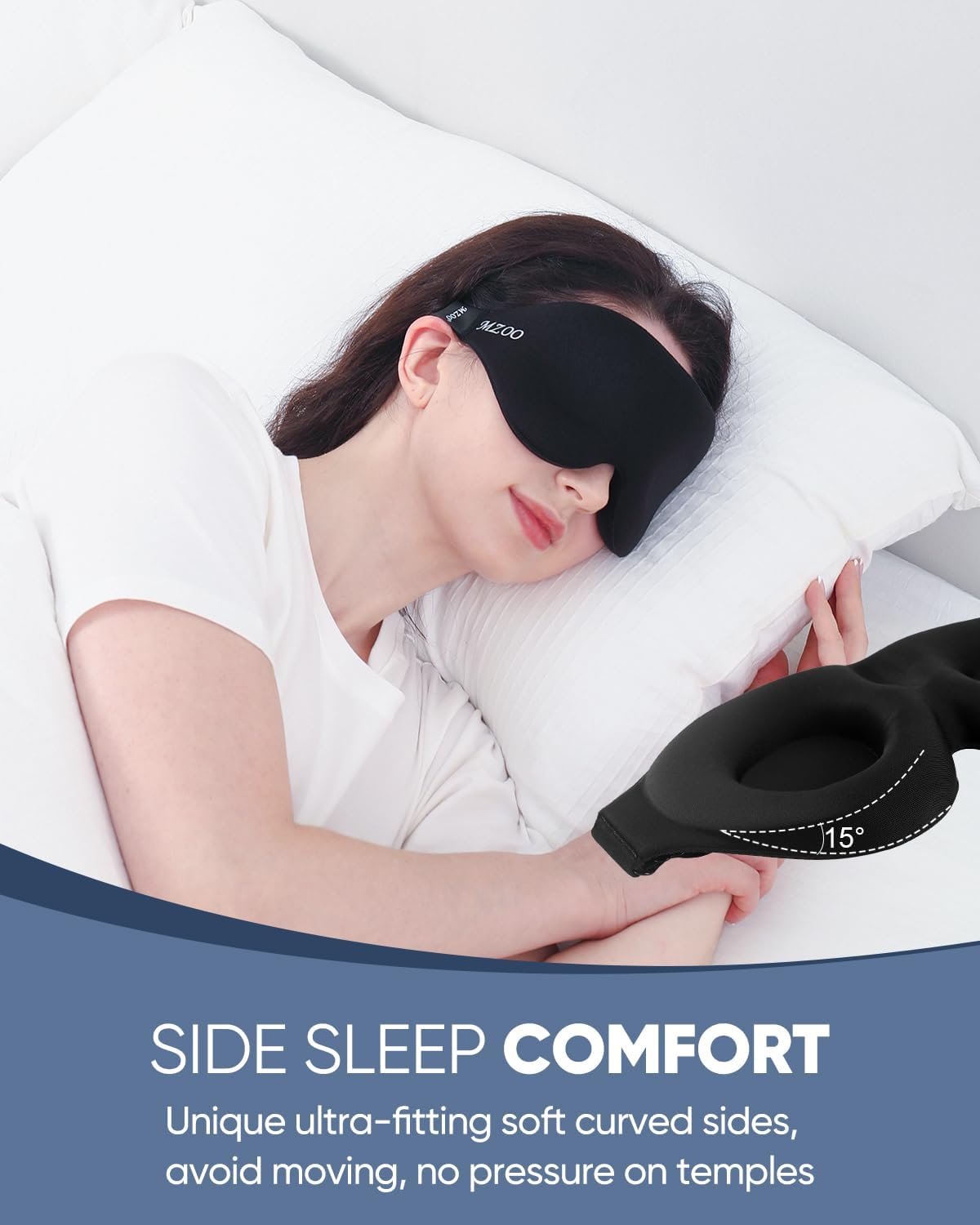 MZOO Luxury Sleep Eye Mask for Side Sleeper Men Women, Zero Eye Pressure 3D Sleeping Mask, Light Blocking Patented Design Night Blindfold, Soft Eye Shade Cover for Travel, Black - Image 3