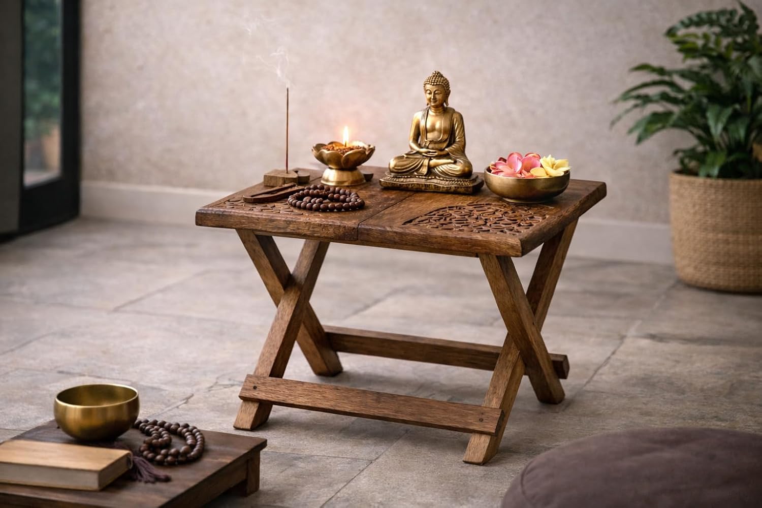 Tribe Azure Fair Trade Small Altar Table, Meditation Altar, Puja, Wood Wiccan Altar Table Buddhist, Tea Japanese, Small Low Side Table Dragon (Folding Small Floral) - Image 6