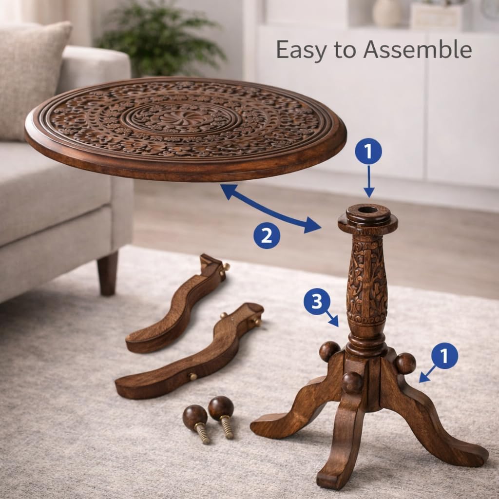Handcrafted Carved Round Side Table – 18x21 Inch Coffee Table for Living Room | Solid Wood Accent End Table with Pedestal Base | Altar Table for Home Décor - Image 6