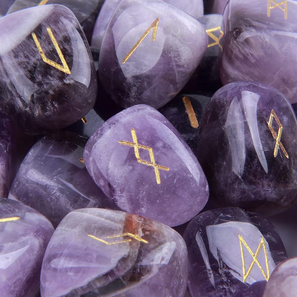 TGS Gems Amethyst Rune Stones Set Engraved Pagan Lettering with Instruction Booklet and Velvet Pouch - Image 3