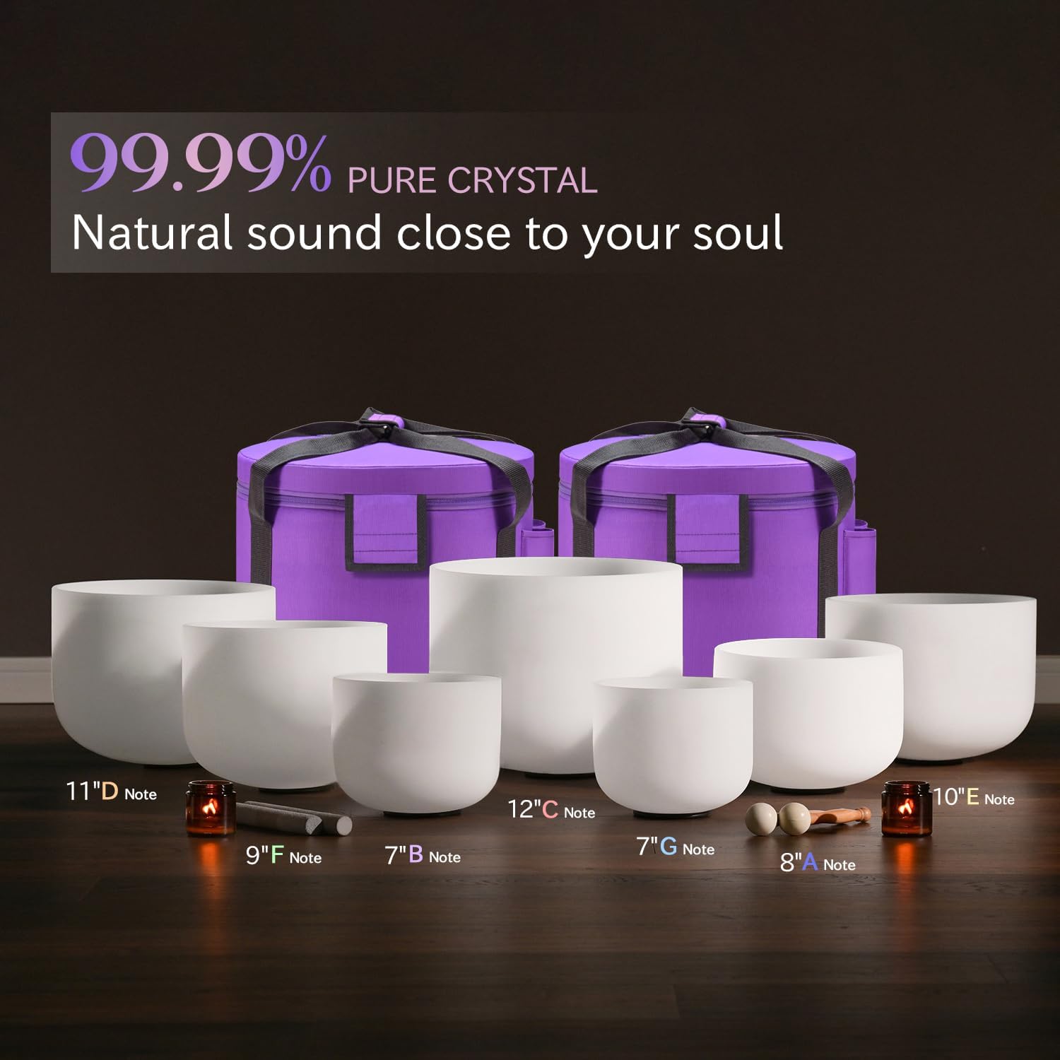 CVNC Crystal Singing bowl Set of 7 for Sound Healing White | 7"-12" Inch Frosted Chakra Quartz, Sound Healing Meditation,Mindfulness,Relaxation, Includes 2 Case Bags and Rubber Mallets - Image 5