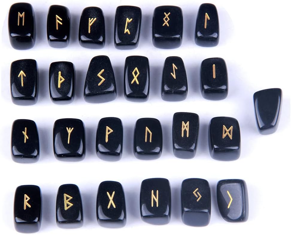 TGS Gems Black Obsidian Rune Stones Set Engraved Pagan Lettering with Instruction Booklet and Velvet Pouch - Image 2