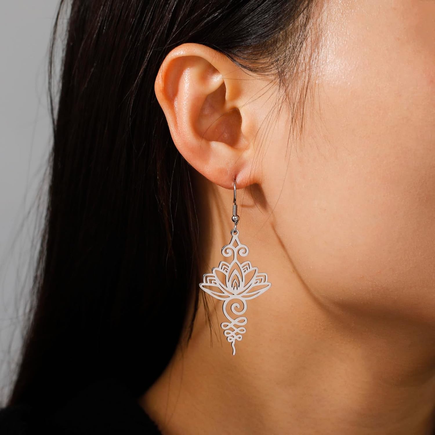 kkjoy Lotus Unalome Necklace Stainless Steel Lotus Flower Yoga Symbol Drop Earrings Inspirational Buddhism Jewelry for Women - Image 6