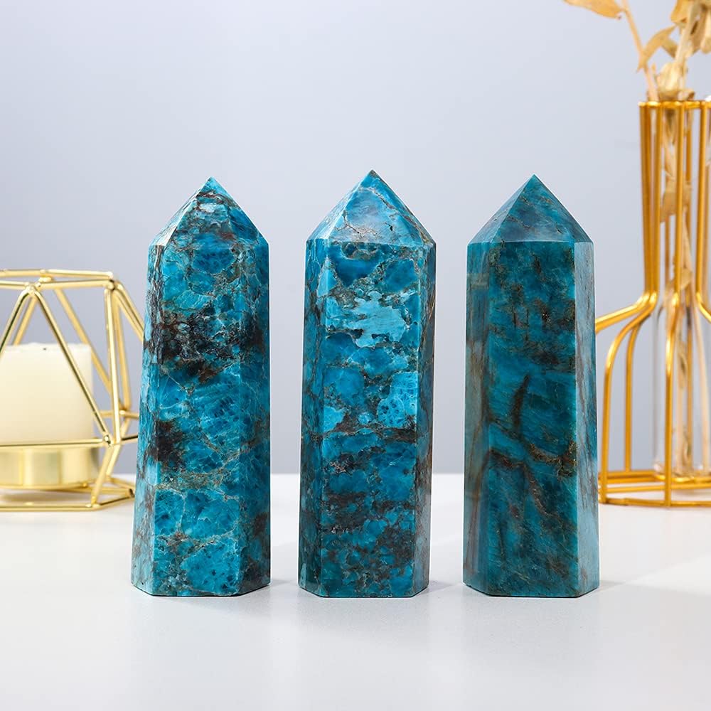Runyangshi Large Blue Apatite Natural Healing Crystal Wand 4.72"-5" Crystals Tower 6 Faceted Single Point Crystal Prism Wand Natural Stones for Meditation Reiki Chakra Therapy Home Decor Gift - Image 3