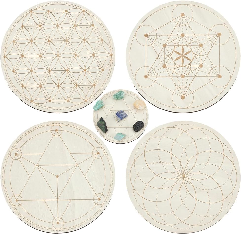ORIGACH 4 PCS Wooden Crystal Grid Board, Round Sacred Geometry Energy Grids Board, 5.9Inch Diameter Metatron's Cube Crystal Plate for Witchcraft Wiccan Altar Ritual Sacred Space Decor