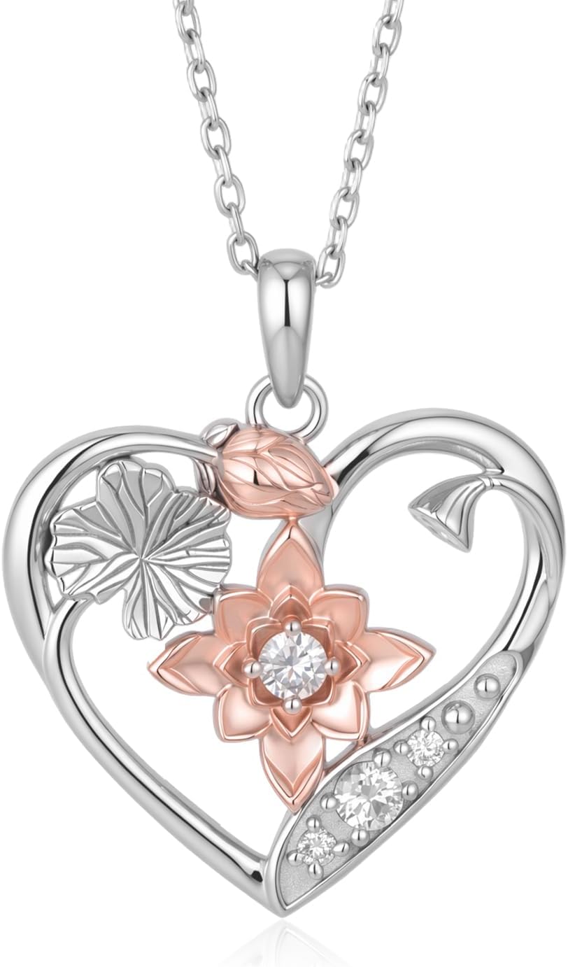 Lab Grown Diamond Lotus Necklace for Women, 925 Sterling Silver Diamonds Heart Pendant Birth Flower Necklaces Lotus Flower Jewelry Gifts for Women
