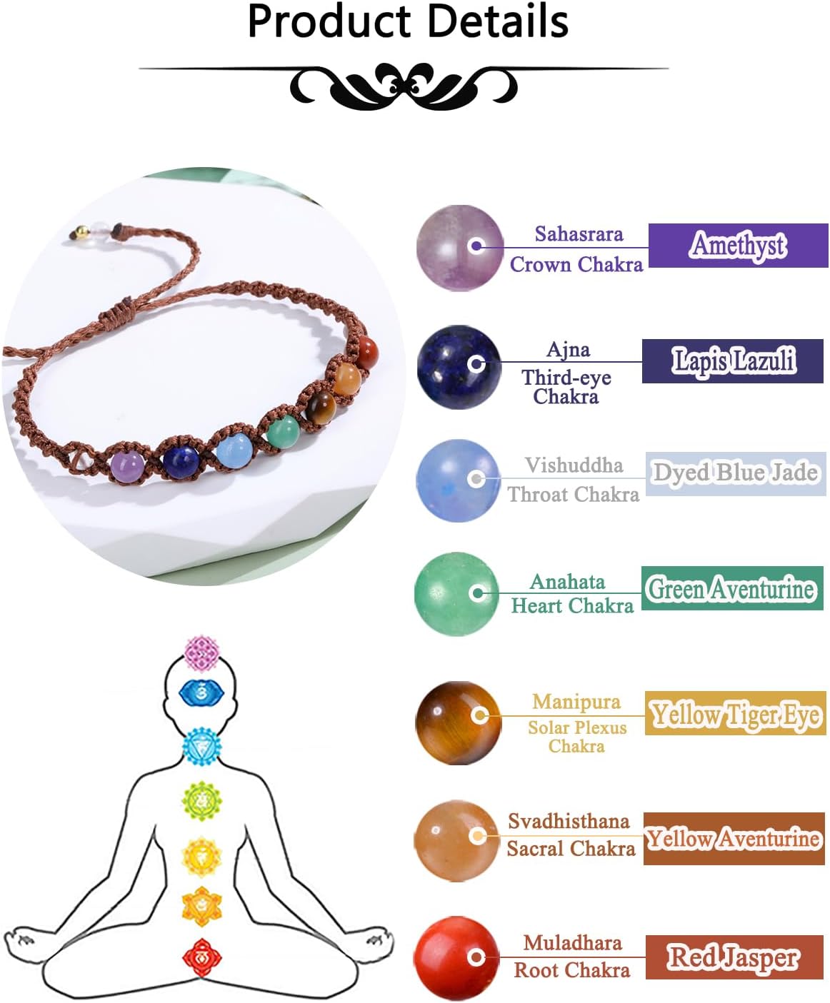 Jovivi 7 Chakras Healing Crystals Bracelet 6mm Natural Gemstone Round Stone Yoga Beads Bracelets Meditation Balance Adjustable Handmade Jewelry Gift for Womens Men - Image 5