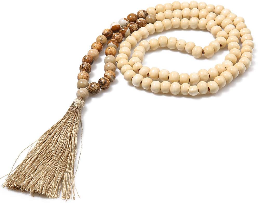 8MM Semi-Precious Gem Stones Wood Mala Bead Necklace Multicolor Tassel Charms Chain Necklace Handmade Beaded Pendant Necklace for Women Men - Image 3