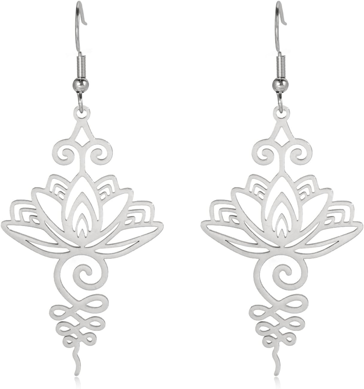 kkjoy Lotus Unalome Necklace Stainless Steel Lotus Flower Yoga Symbol Drop Earrings Inspirational Buddhism Jewelry for Women