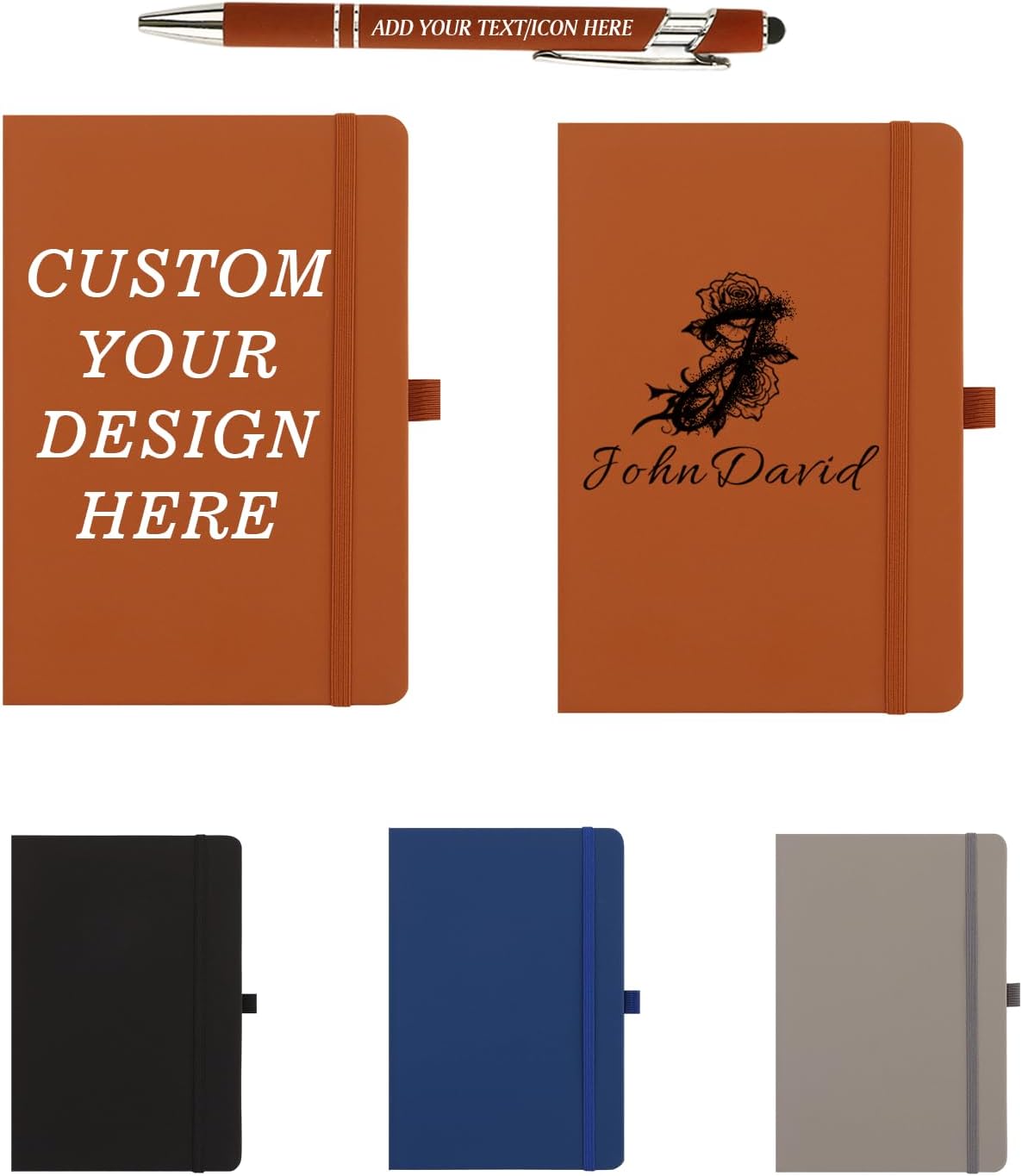 Personalized A5 Notebook Set with Pen, PU Leather Journal, Custom Name Logo Photo, Lined Pages, for Work, School, Office, Daily Writing (Brown)