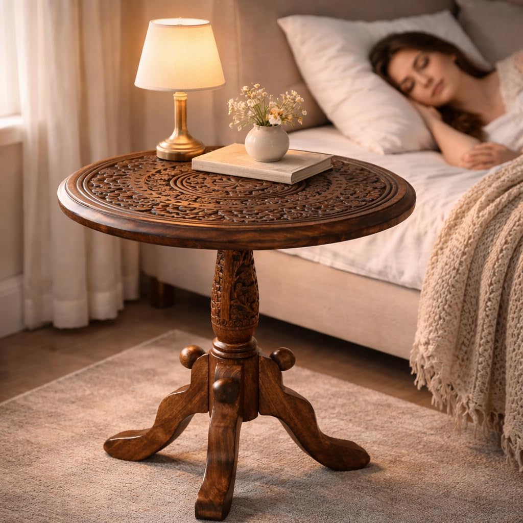 Handcrafted Carved Round Side Table – 18x21 Inch Coffee Table for Living Room | Solid Wood Accent End Table with Pedestal Base | Altar Table for Home Décor - Image 2