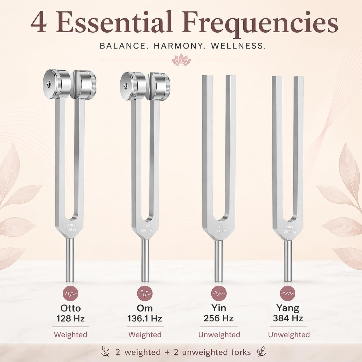 Tuning Forks for Healing Set with Step-by-Step Beginner Guide, 4 PCS | 128Hz 136.1Hz OM 256Hz 384Hz aluminum sound therapy kit, meditation, yoga, reiki - mallet, activator & storage pouch - Image 2