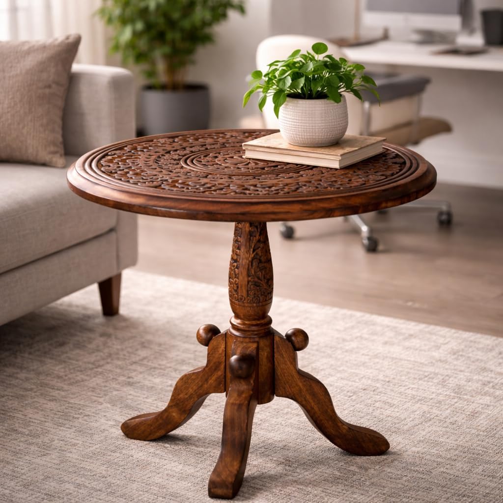 Handcrafted Carved Round Side Table – 18x21 Inch Coffee Table for Living Room | Solid Wood Accent End Table with Pedestal Base | Altar Table for Home Décor - Image 4