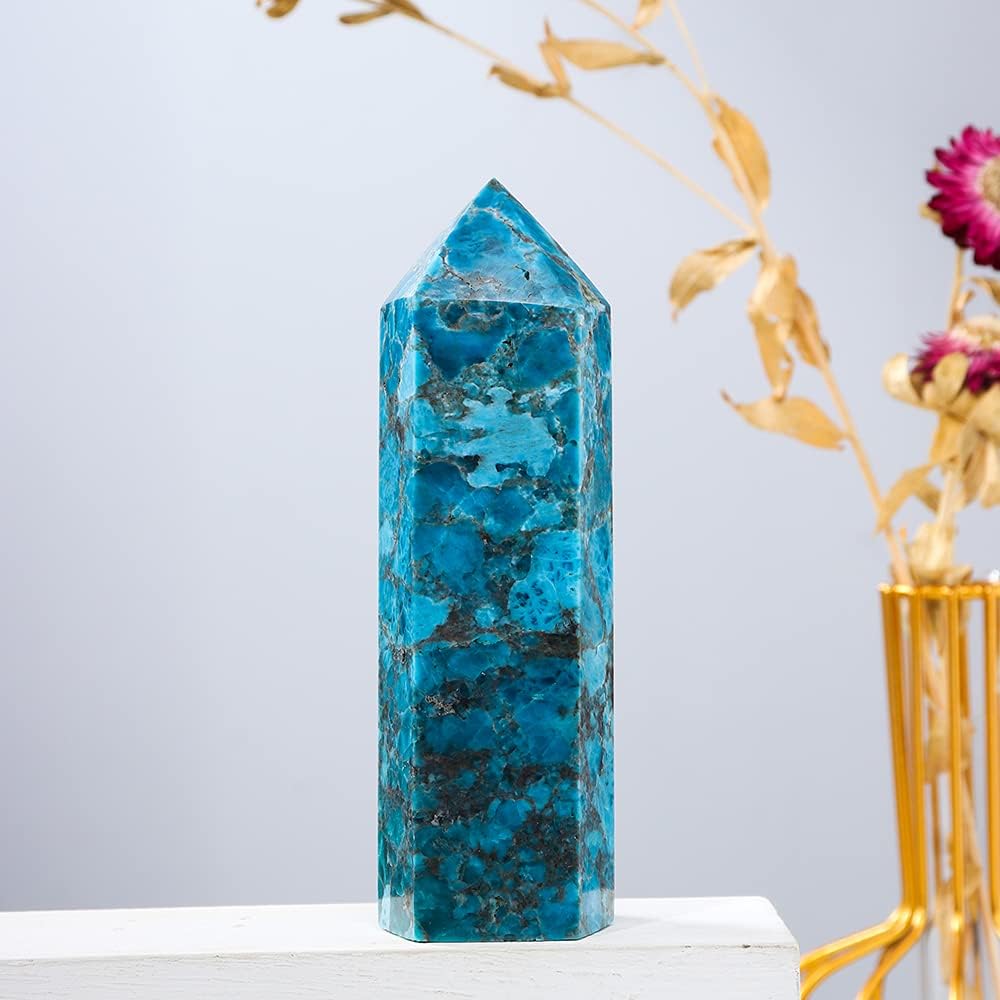 Runyangshi Large Blue Apatite Natural Healing Crystal Wand 4.72"-5" Crystals Tower 6 Faceted Single Point Crystal Prism Wand Natural Stones for Meditation Reiki Chakra Therapy Home Decor Gift - Image 4