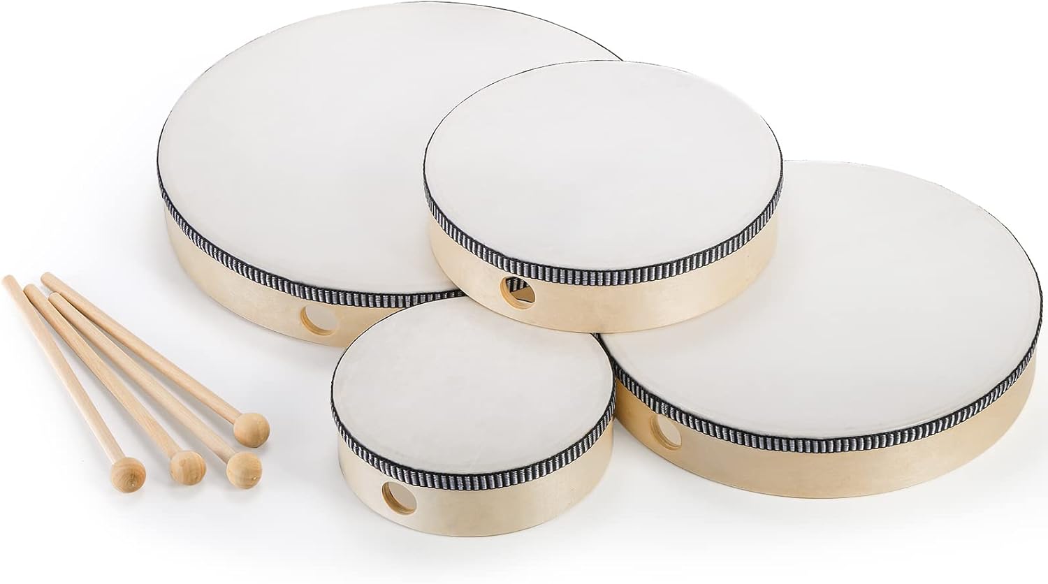 Foraineam 4 Pack Hand Drum 12 Inch 10 Inch 8 Inch 6 Inch Wood Drum Set Musical Percussion Instrument Wooden Frame Drum with Wooden Drum Sticks for Home Party Supplies - Image 5