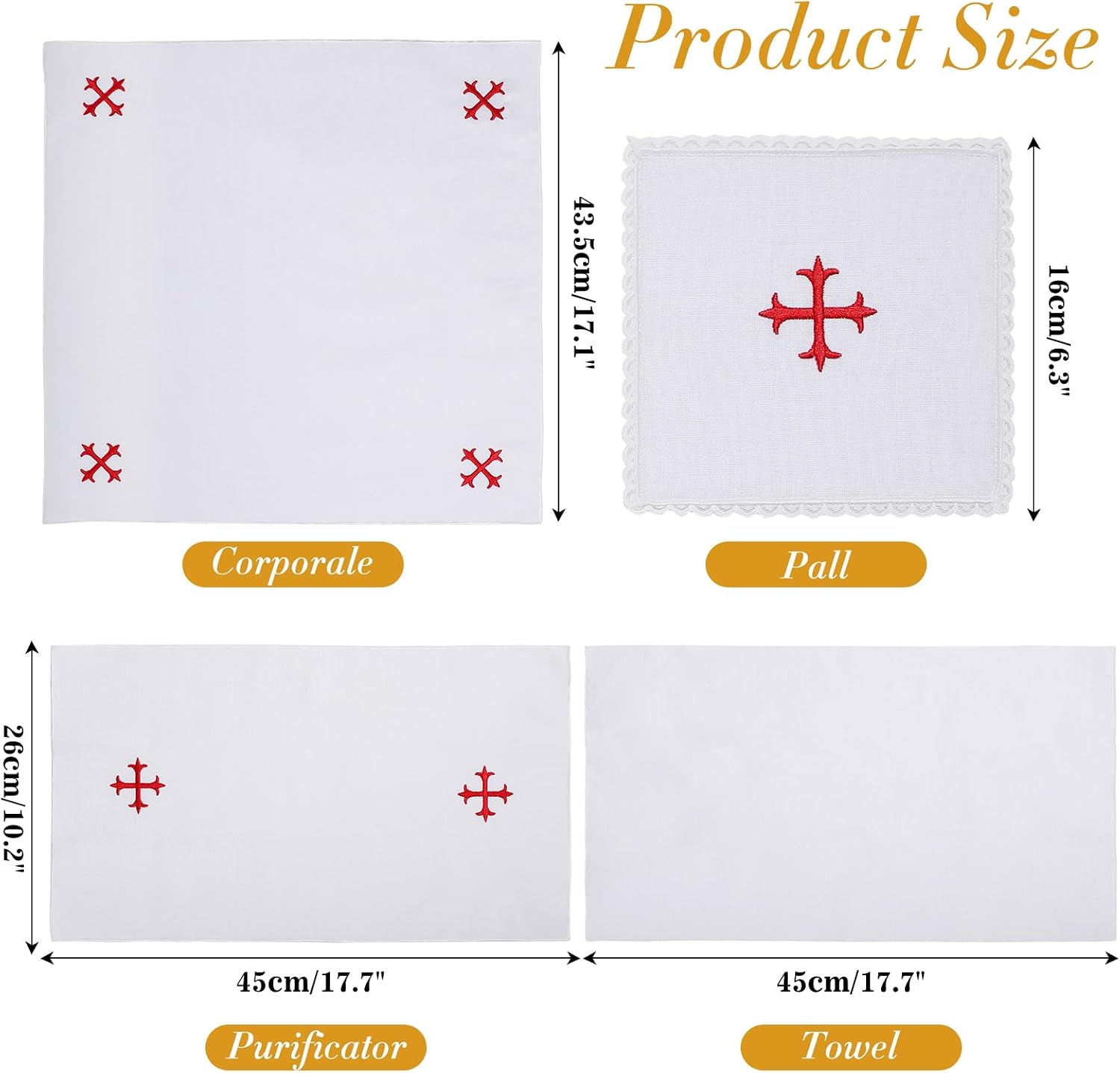 4 Pack Altar Supplies Linen Corporal for Churches Set(Pall,Corporal,Purificator,Towel),White Linen Altar Cloth Red Cross Embroidery,Mass Kit Catholic for Priest - Image 2