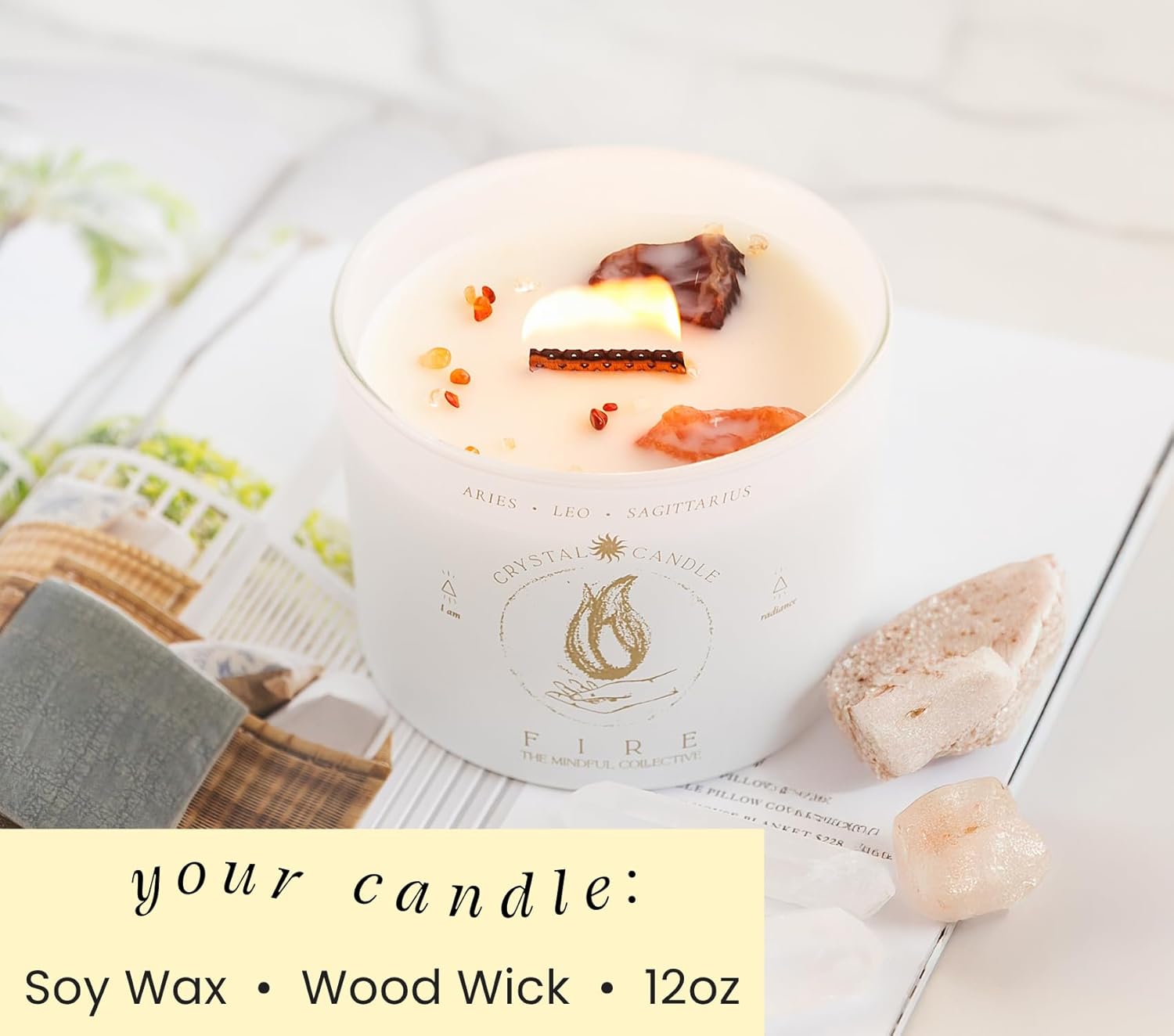 Aries, Leo, Sagittarius Gifts for Women - 12oz Wood Wick Candles that Crackle with Crystals and Healing Stones. Healing Crystal Candles for Women Home Scented. Soy Wax, for Zodiac Birthdate - Image 7