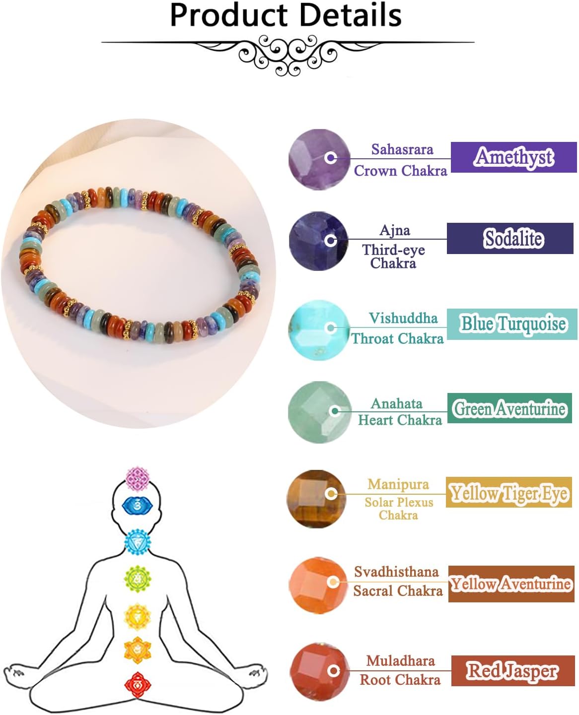Jovivi Chakra Gemstone Rondelle Beaded Bracelets for Women Men | 6mm Natural Healing Crystal Stone Yoga Beads Bracelet, Handmade Spiritual Jewelry Gifts - Image 3