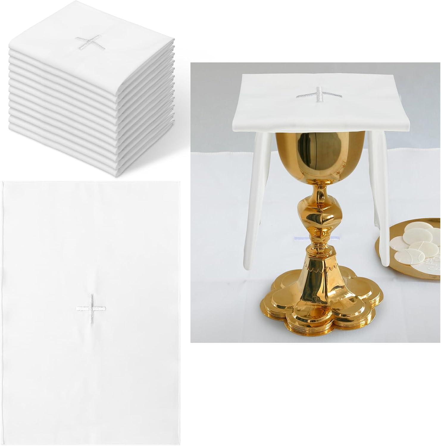 Tegeme 4 Pack of Embroidered Linen Purificator with Silver White Cross Center White Linen Altar Cloth Altar Supplies Corporal for Catholic Mass Communion Towel Supplies and Catholic Church Priest - Image 2