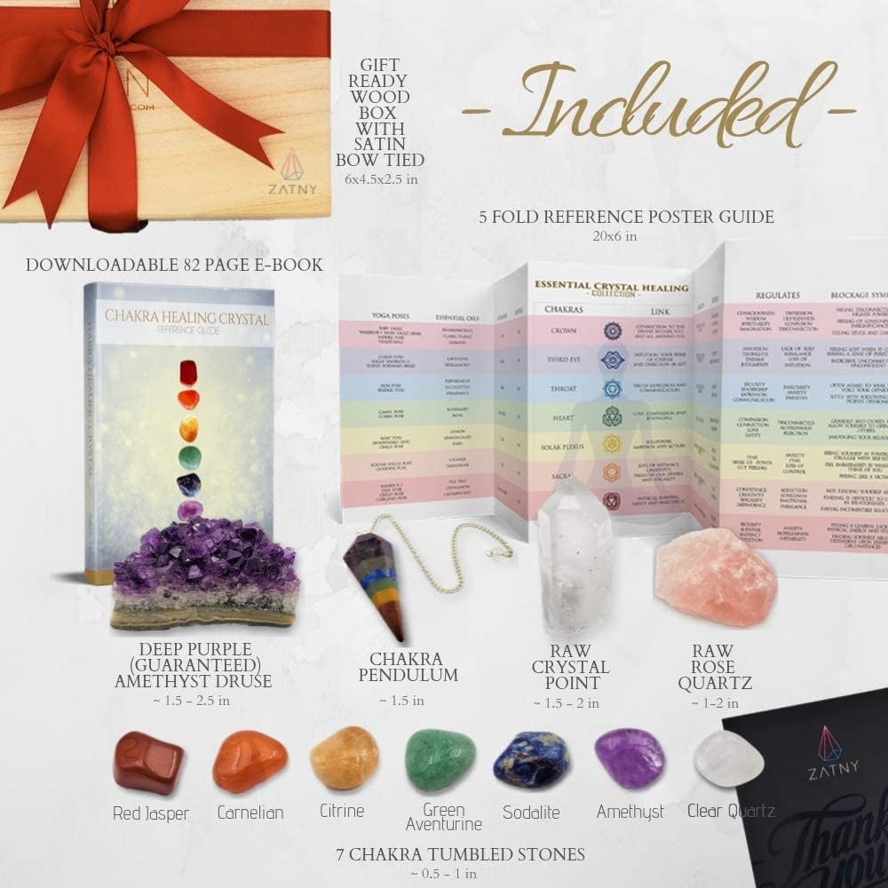 Crystals and Healing Stones Premium Kit Wooden Box - Chakra Stones Healing Crystals Set, Rose Quartz, Amethyst Cluster, Quartz Points, Chakra Pendulum (A Essential Chakra Collection) - Image 2