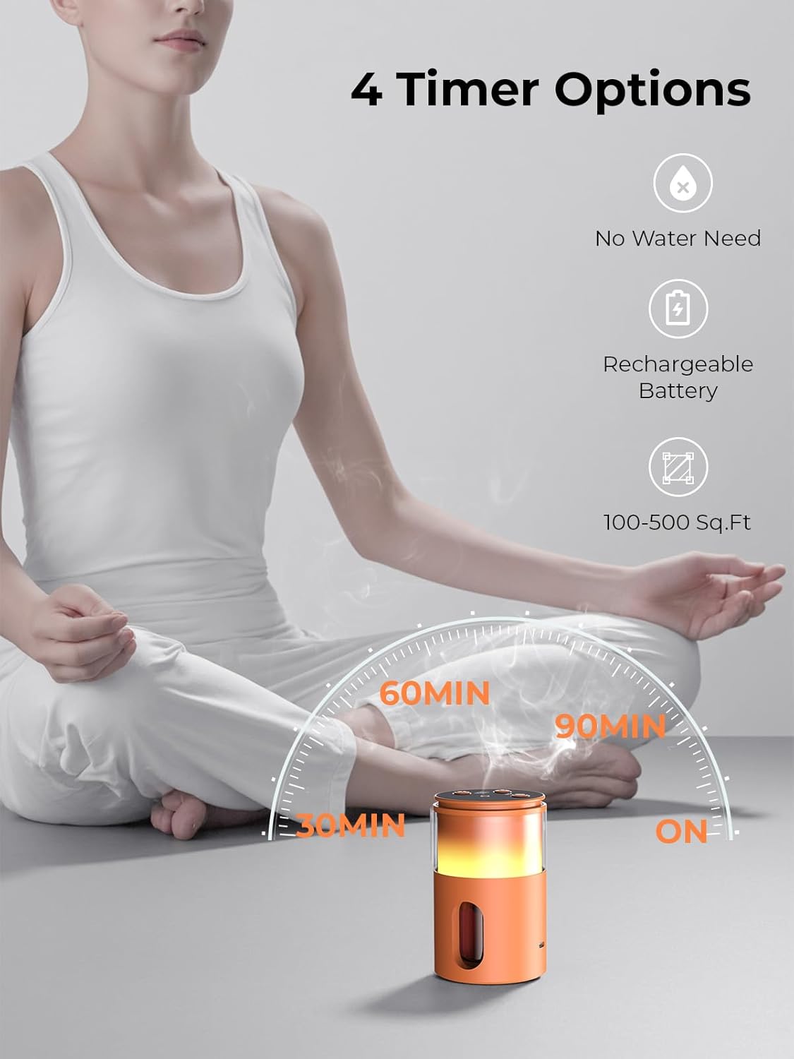 Waterless Essential Oil Diffuser: 𝟗 𝐂𝐨𝐥𝐨𝐫𝐬 𝐋𝐄𝐃 Scent Diffuser for Home&Car&Office - Portable Diffuser with 48H Battery, 4 Timers & 3 Mist Levels, Bright Orange - Image 4