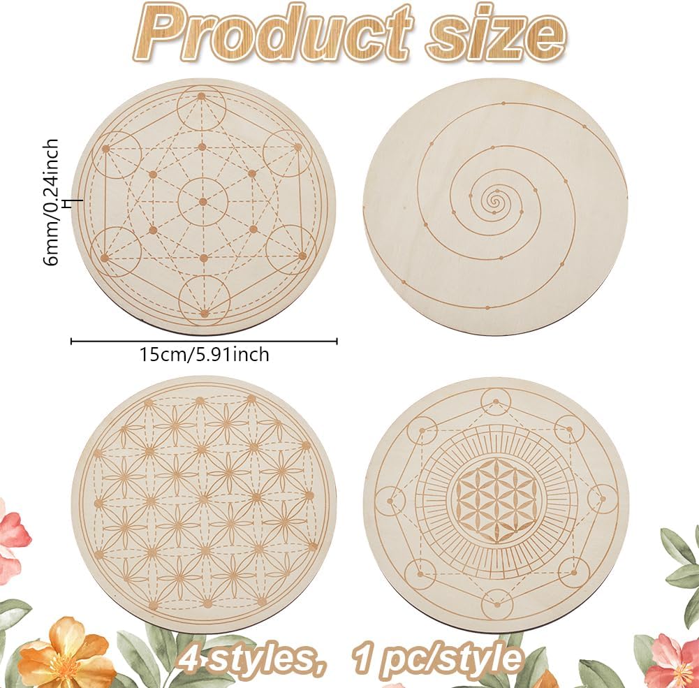 ORIGACH 4 Patterns Wooden Crystal Grids 15x15 cm Round Sacred Geometric Arrangement Crystal Grid Board Metatron's Cube Plate for Wiccan Altar Ritual Sacred Space Decor - Image 2
