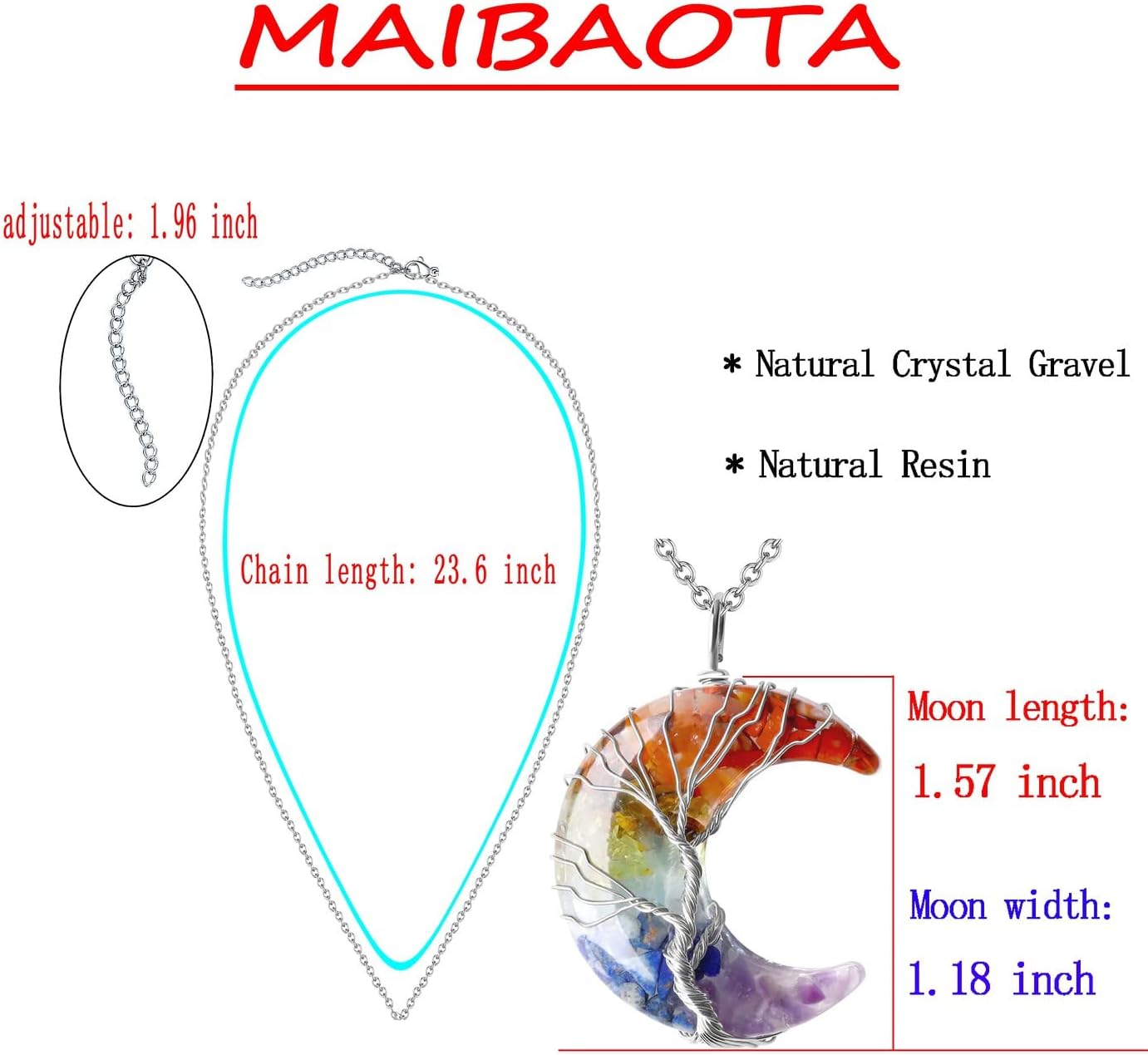 MAIBAOTA Healing Crystal Necklace, Tree Life Wire Wrapped Crescent Moon Necklace, Natural Stone Pendant Necklaces, Mothers Day Gifts for Mom, Gemstone Jewelry Gifts for Women - Image 5