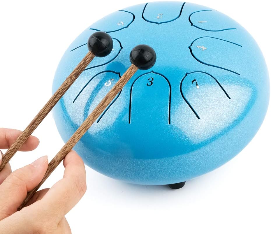 Steel Tongue Drum with Carrying Case: 6 Inch 8 Notes Rain Drum for Outside | Steel Drum with Bag Mallets Music Book Note Stickers for Garden Meditation Yoga Beginner, Key of C, 440Hz, Blue - Image 3