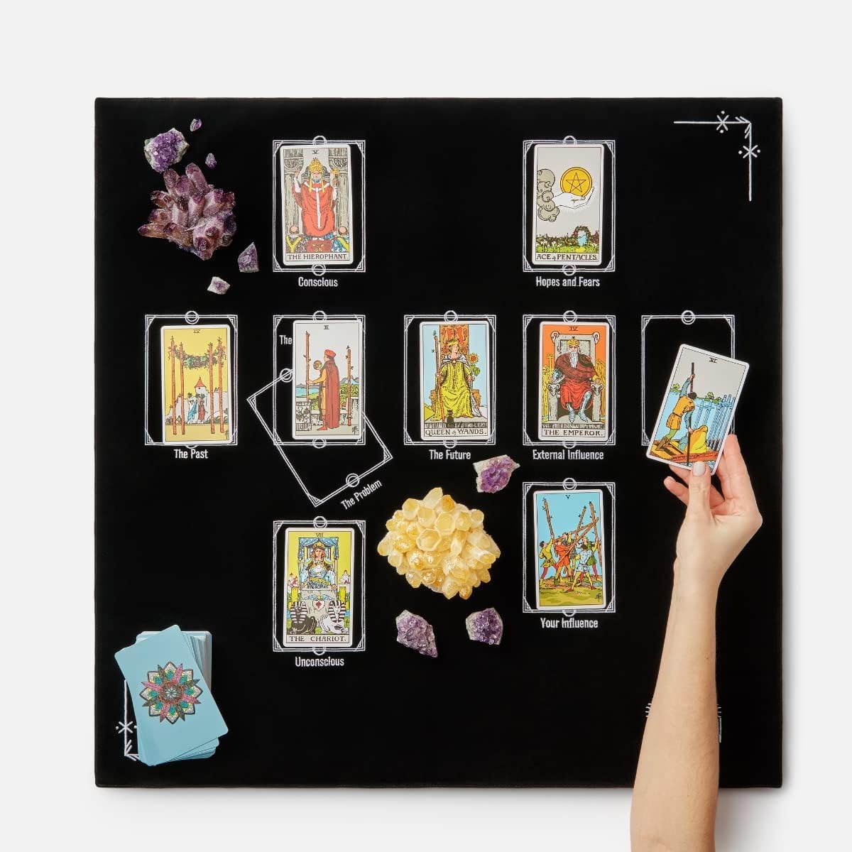 Tarot Cloth for Reading - Embroidered Velvet Altar Cloth with Celtic Cross Spread Guide, 10 Numbered Card Positions, 27x27 Inch Divination Table Cloth, Witchy Tarot Mat for Beginners & Readers (Black) - Image 4