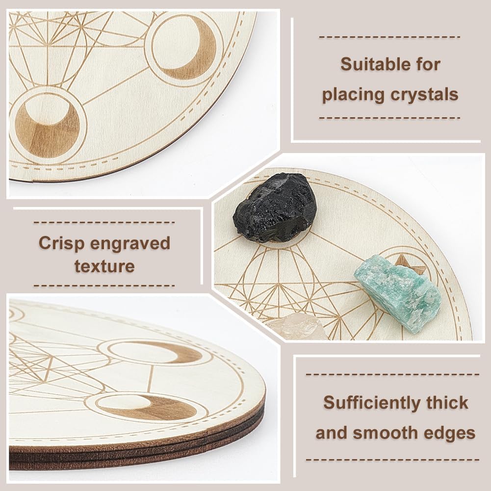 ORIGACH 4 PCS Wooden Crystal Grid Board, Round Sacred Geometry Energy Grids Board, Metatron's Cube Crystal Plate for Witchcraft Wiccan Altar Ritual Sacred Space Decor, 5.9Inch Diameter - Image 3