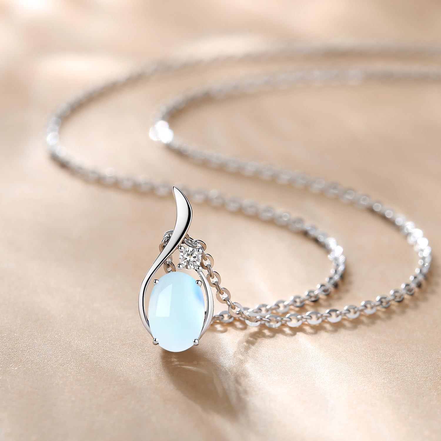 FANCIME 14K Solid White Gold Oval Gemstone Necklace with Diamond Pendant Gifts for Mom Women,16"+2" Inches - Image 4