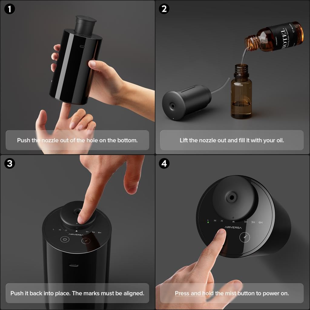 Airversa Waterless Diffuser for Essential Oil, Car Diffsuer, Battery Operated Nebulizer, 0.7 Fl Oz/ 20mL, Mini Scent Air Machine, 3 Timers & 3 Mist Levels for Home, Room, Car, Office - AN6 Black - Image 2