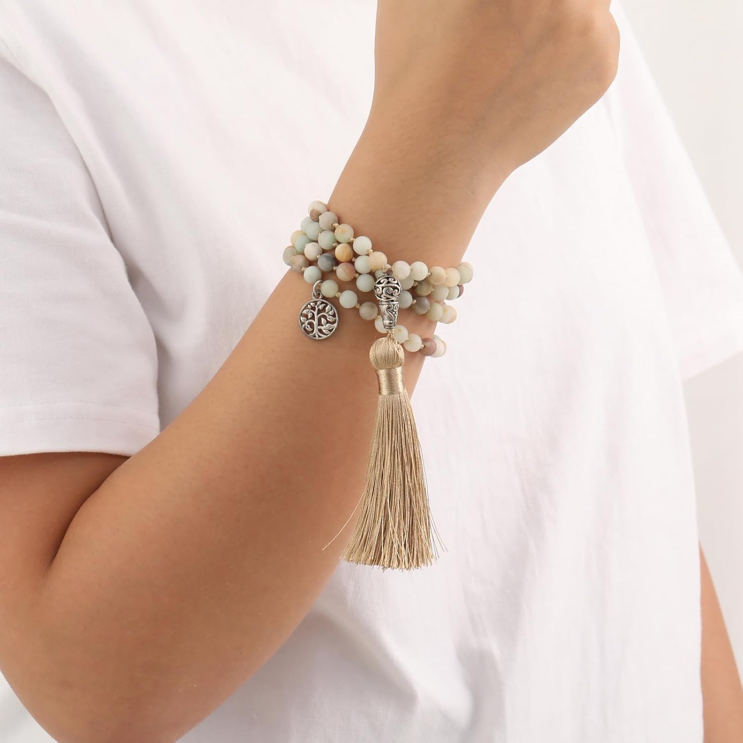 INBLUE 108 Mala Prayer Beads Wrap Necklace with Long Tassel Boho Necklace for Women Amazonite Bead Bracelet with Spiritual Tree of Life Pendant 108 Beads Necklace for Meditation - Image 5