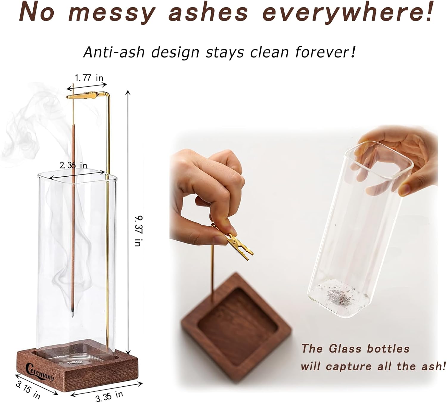 Ceremony Incense Holder, Wooden Incense Holder for Sticks with Glass Ash Catcher, Anti-ash Incense Burner with 20 Incense Sticks and a Ash Brush for Meditation Yoga Spa Room Decor - Image 4