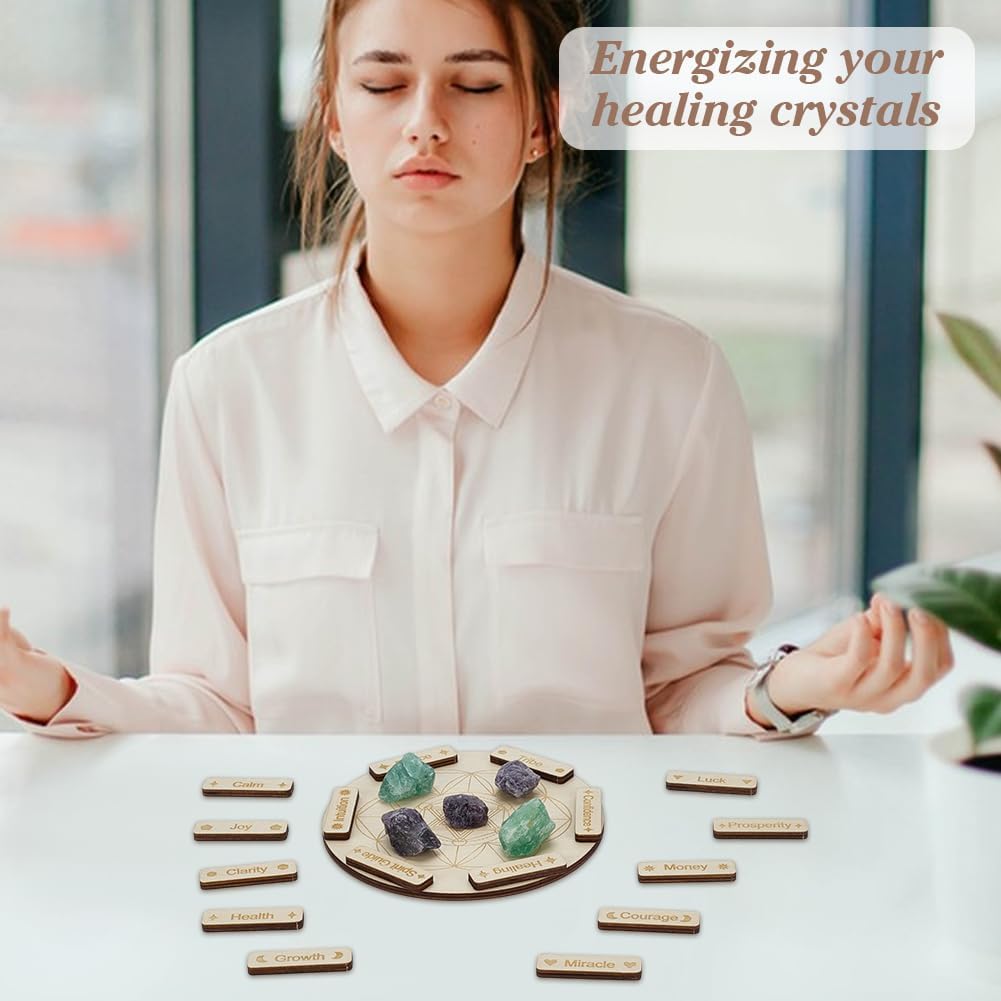 FINGERINSPIRE Wooden Crystal Grid Board Set Large Round Plate with Sacred Geometry 25 Small Sticks Engraved with Inspirational Words Spiritual Wooden Plates for Energy Work Meditation Home Decoration - Image 5