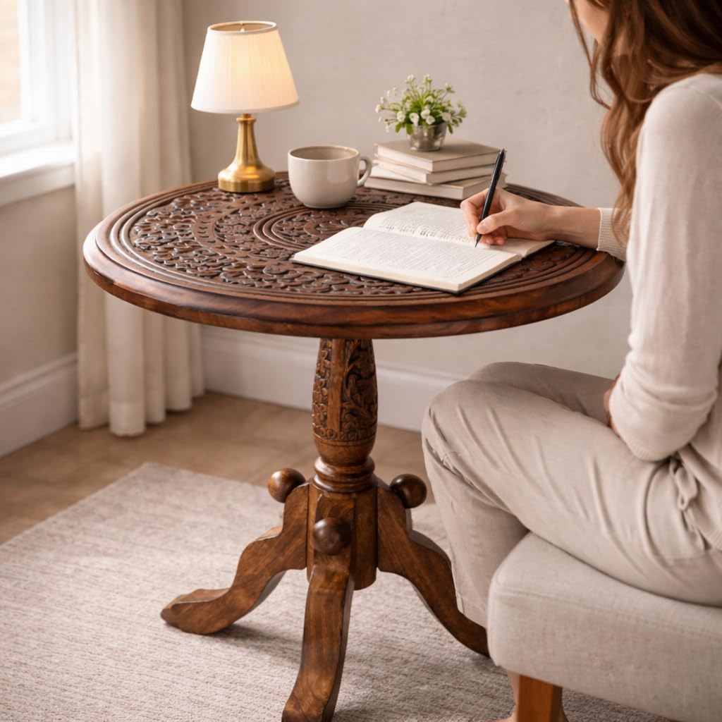Handcrafted Carved Round Side Table – 18x21 Inch Coffee Table for Living Room | Solid Wood Accent End Table with Pedestal Base | Altar Table for Home Décor - Image 3
