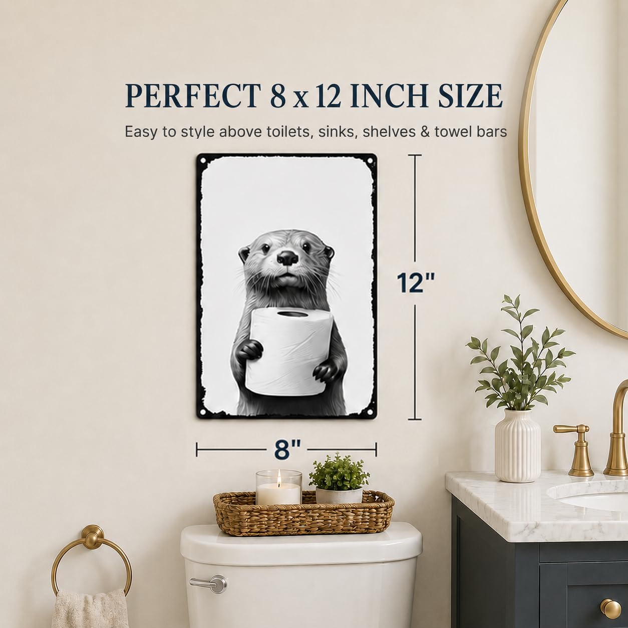 Funny Otter Holding Toilet Paper Metal Sign, 8x12 Inch Vintage Aluminum Wall Art, Black and White Animal Print Bathroom Decor, Rustic Tin Plaque for Home Restroom - Image 7