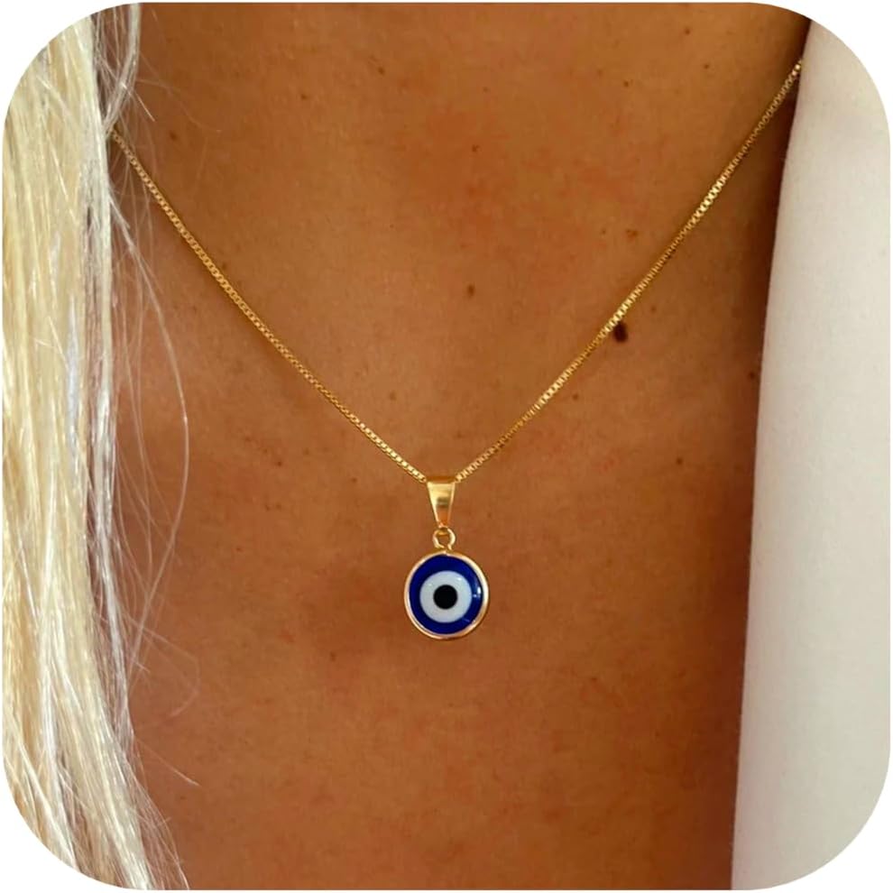 Evil Eye Necklace for Women 14K Gold Plated Delicate Necklaces Blue White CZ Diamond Pendant Necklace Cute Boho Tiny Evil Eye Lucky Protection Jewelry Gift for Women